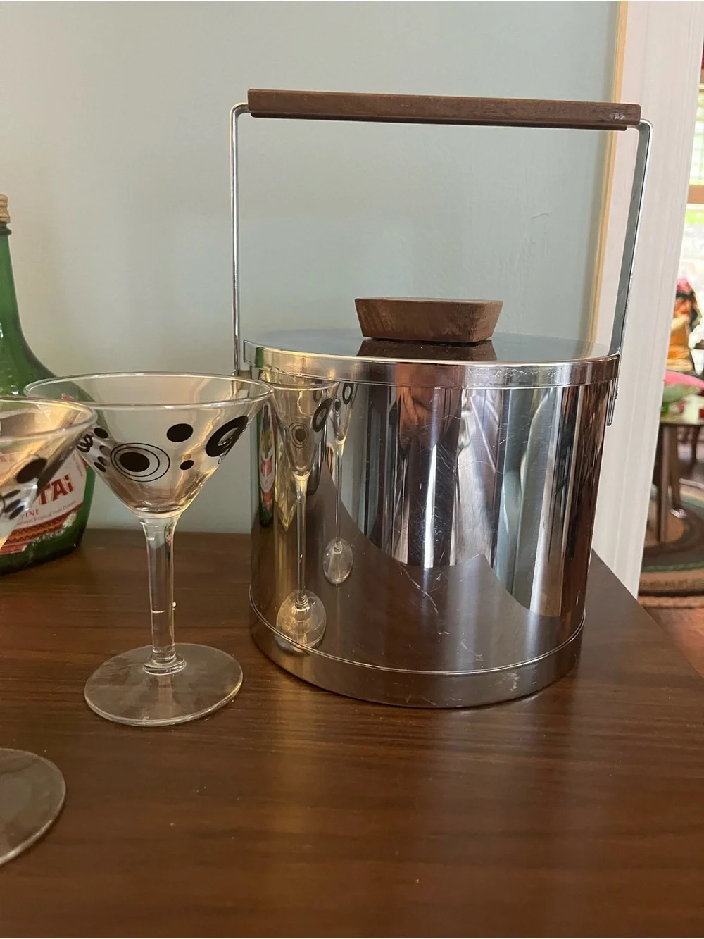 Kromex Stainless Steel Vintage Ice Bucket Teak Wood Hand And Knob MCM